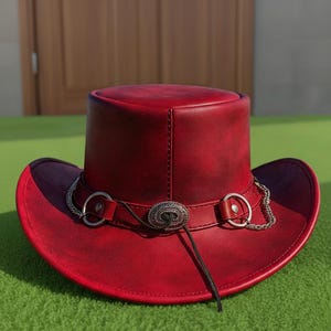 Handmade Red Leather Cowboy Hat Western Festival Cosplay Style Christmas Gift