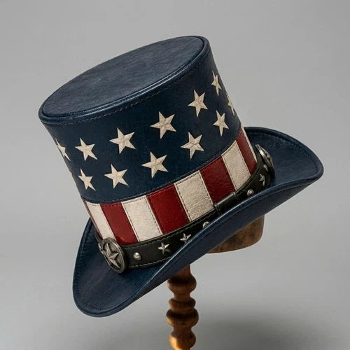 Patriotic Leather Top Hat Stars Stripes Western Rodeo Style
