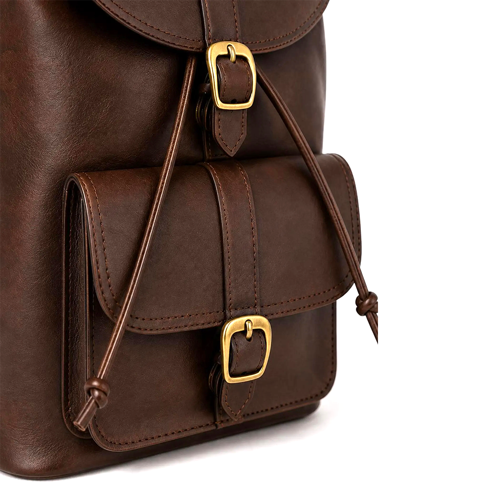 Chocolate Brown Leather Backpack, Vintage Rustic Travel Rucksack, Brass Buckle Daypack