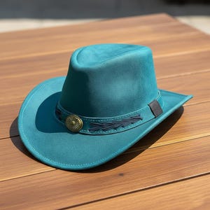 Handmade Teal blue Leather Cowboy Hat Western Steampunk Festival Style
