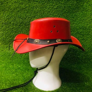 Handmade Red Leather Cowboy Hat, Western Rodeo Style Unisex Design