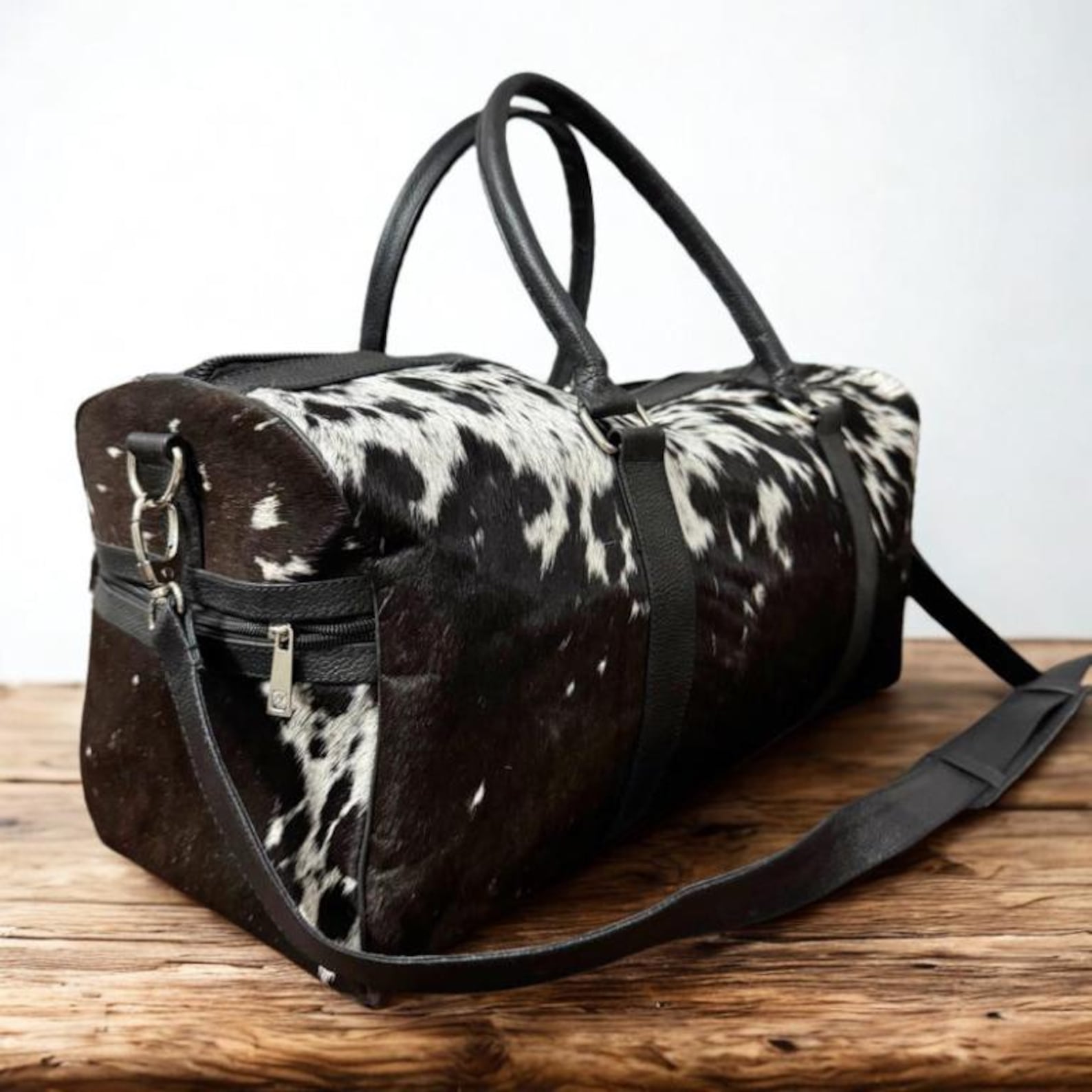 Black and White Cowhide Duffle Bag Handmade Hair on Leather Travel Bag