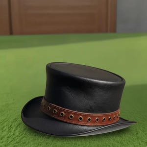 Handmade Leather Black Top Hat with Brown Grommet Band Steampunk Cosplay Gothic