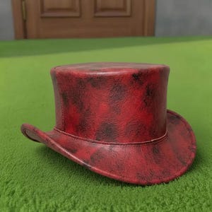 Handmade Red Distressed Leather Top Hat Steampunk Gothic Victorian Cosplay Hat