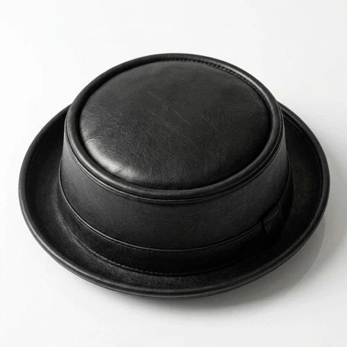 Handmade Black Leather Pork Pie Hat Vintage Gothic Steampunk Unisex Costume Hat
