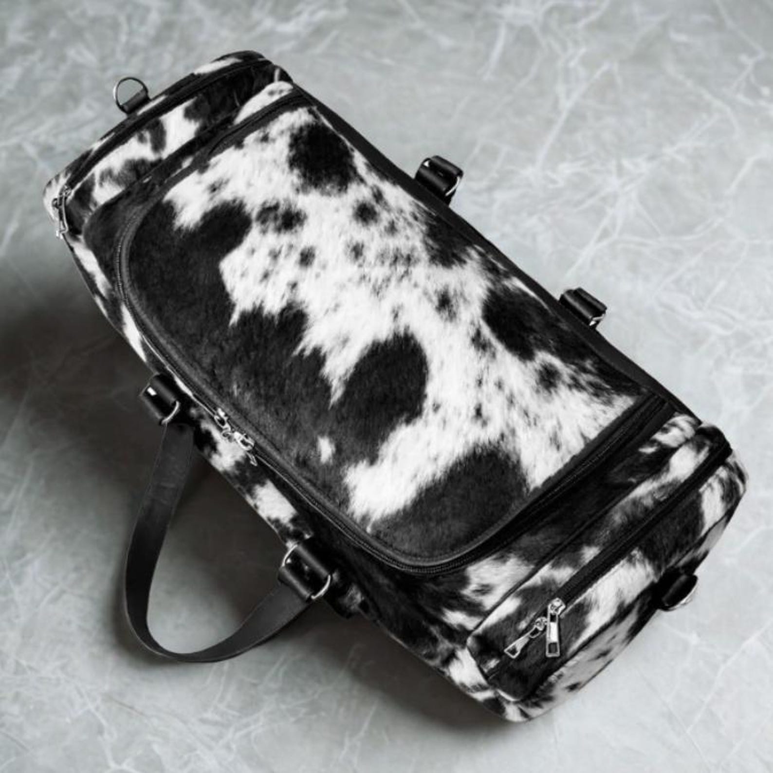 Black White Cowhide Duffle Bag  Leather Western Weekender Travel Bag 22