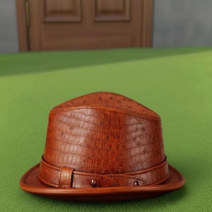Handmade Brown Ostrich Embossed Leather Fedora Hat Stylish Mens Vintage Wide Brim