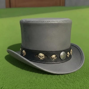 Handmade Grey Leather Skull Top Hat  Gothic Steampunk Biker Cosplay Hat