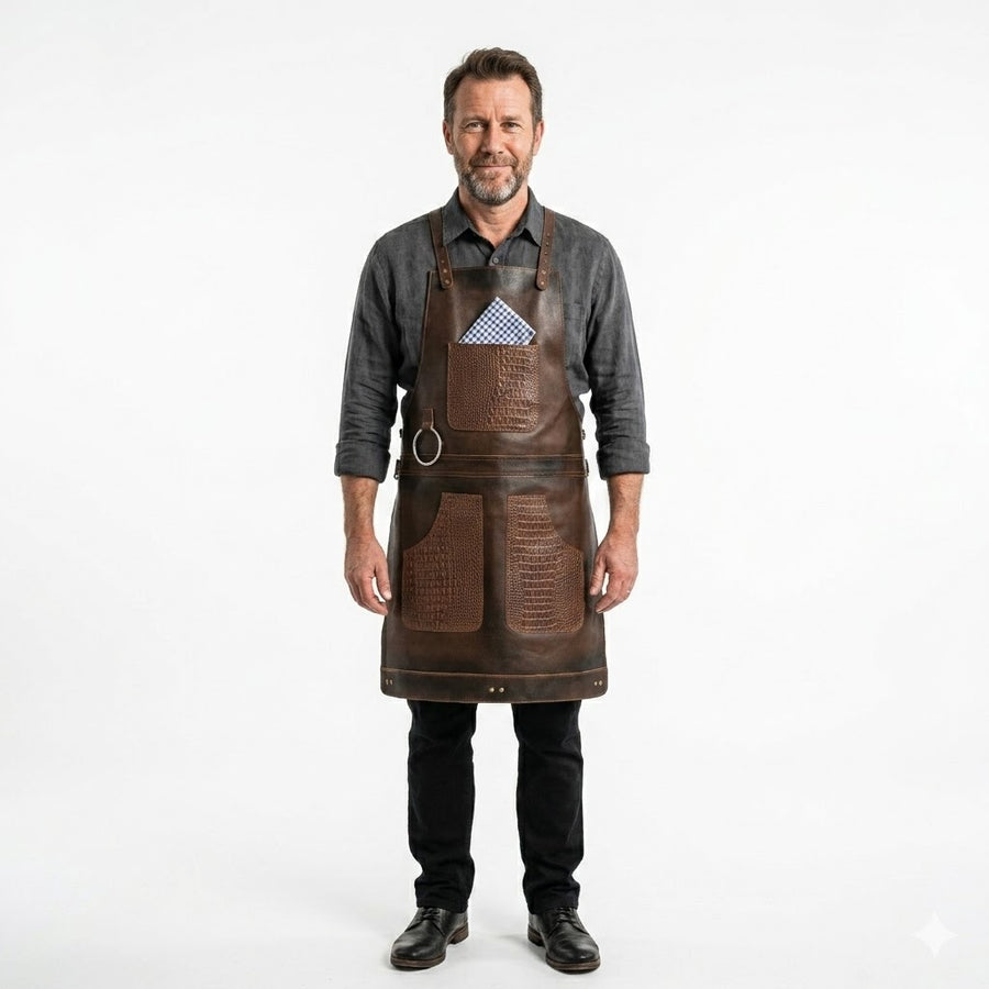 Full Grain Crazy Horse Leather Chef Apron with Crocodile Pattern Pockets
