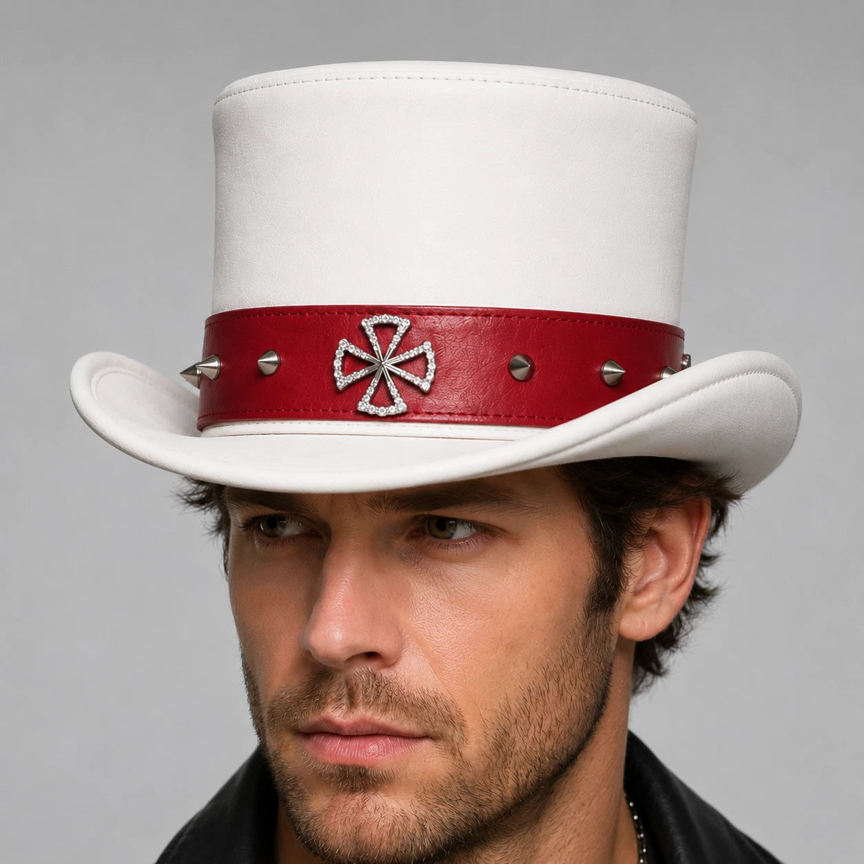 Handmade White Genuine Leather Steampunk Top Hat Gothic Studded Crystal Cross