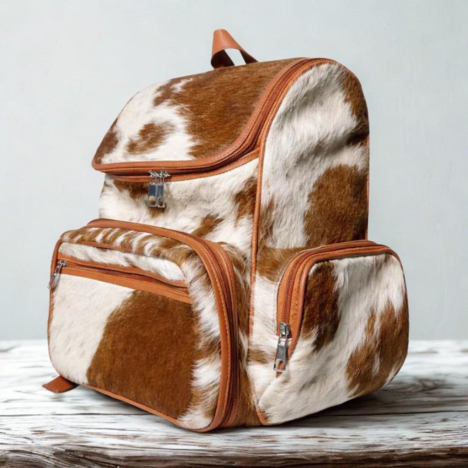 Tan  White Cowhide Backpack  Handmade Leather Rucksack