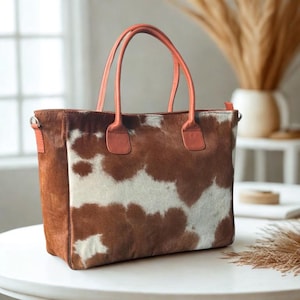 Hair On Cowhide Tote Bag  Western Leather Shoulder Handbag Rustic Ranch Style