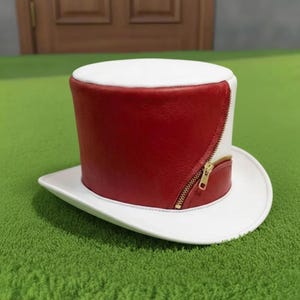 Handmade Red And White Leather Steampunk Hat Gothic Top Hat with Zipper Cosplay