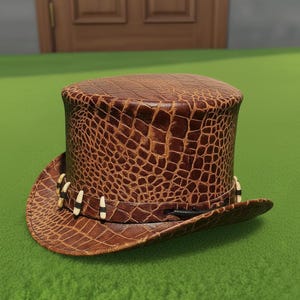 Brown Crocodile Print Leather Top Hat  Unisex Steampunk Bone Band Accessory