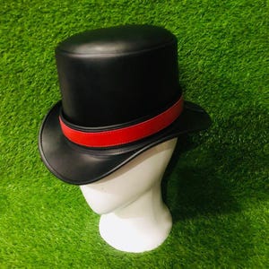 Handmade Black real Leather Top Hat Red Band Steampunk Cosplay Accessory