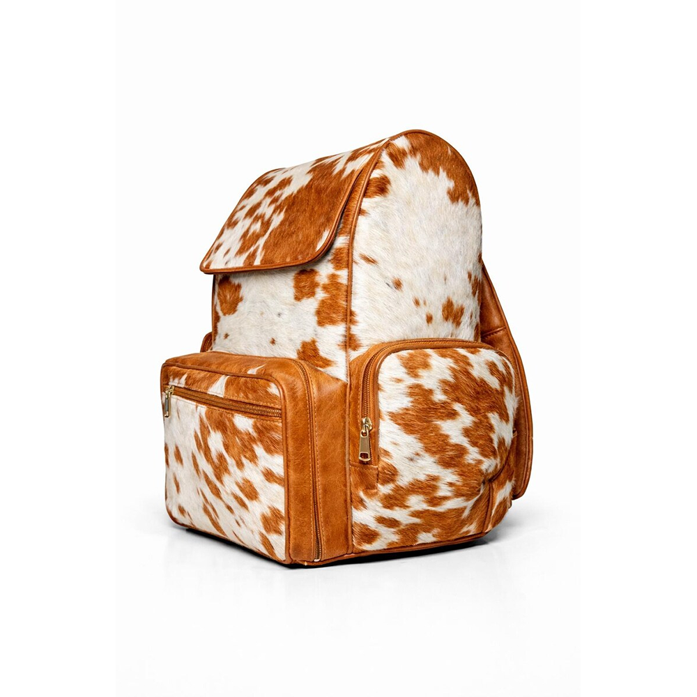 Handmade Genuine Cowhide Backpack  Tan & White Spotted Leather Backpack  Large Western