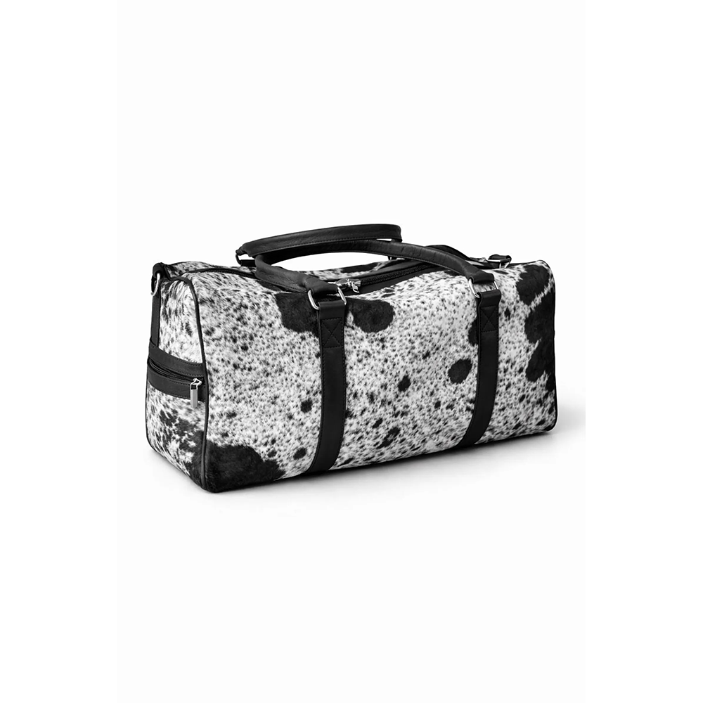 HairOn Cowhide Black and White Duffle Bag  Handmade Leather Weekender