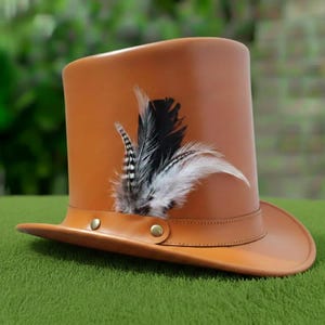 Handmade Orange Leather Steampunk Top Hat with Feather  Victorian Cosplay Costume Hat