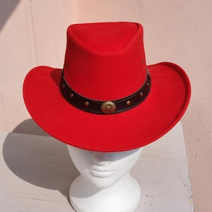 Handmade Red Leather Cowboy Hat Steampunk Festival  Event Western Look