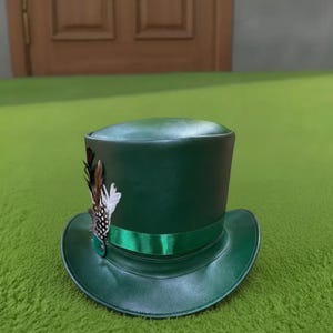 Handmade Green Leather Top Hat Steampunk Victorian Cosplay with Feather Detail