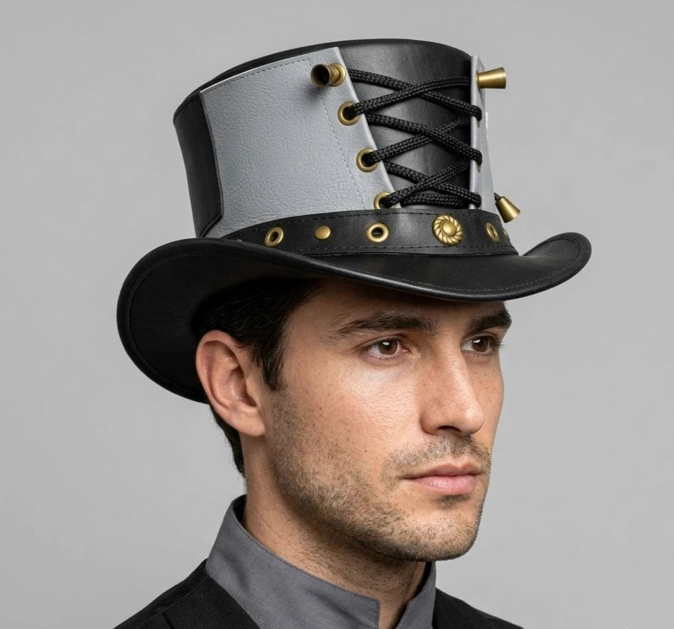 Handmade Genuine Leather Steampunk Top Hat Black Gothic Victorian Unisex Hat