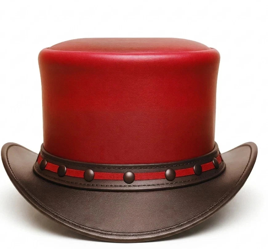 Red and Black Leather Top Hat with Stud Band  Steampunk Style