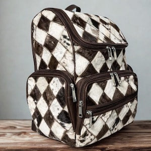 Handmade Cowhide Hair On Backpack  Diamond Patchwork Leather Rucksack