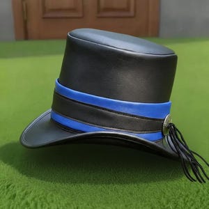 Handmade Black Leather Top Hat Steampunk Gothic Cosplay with Blue Band