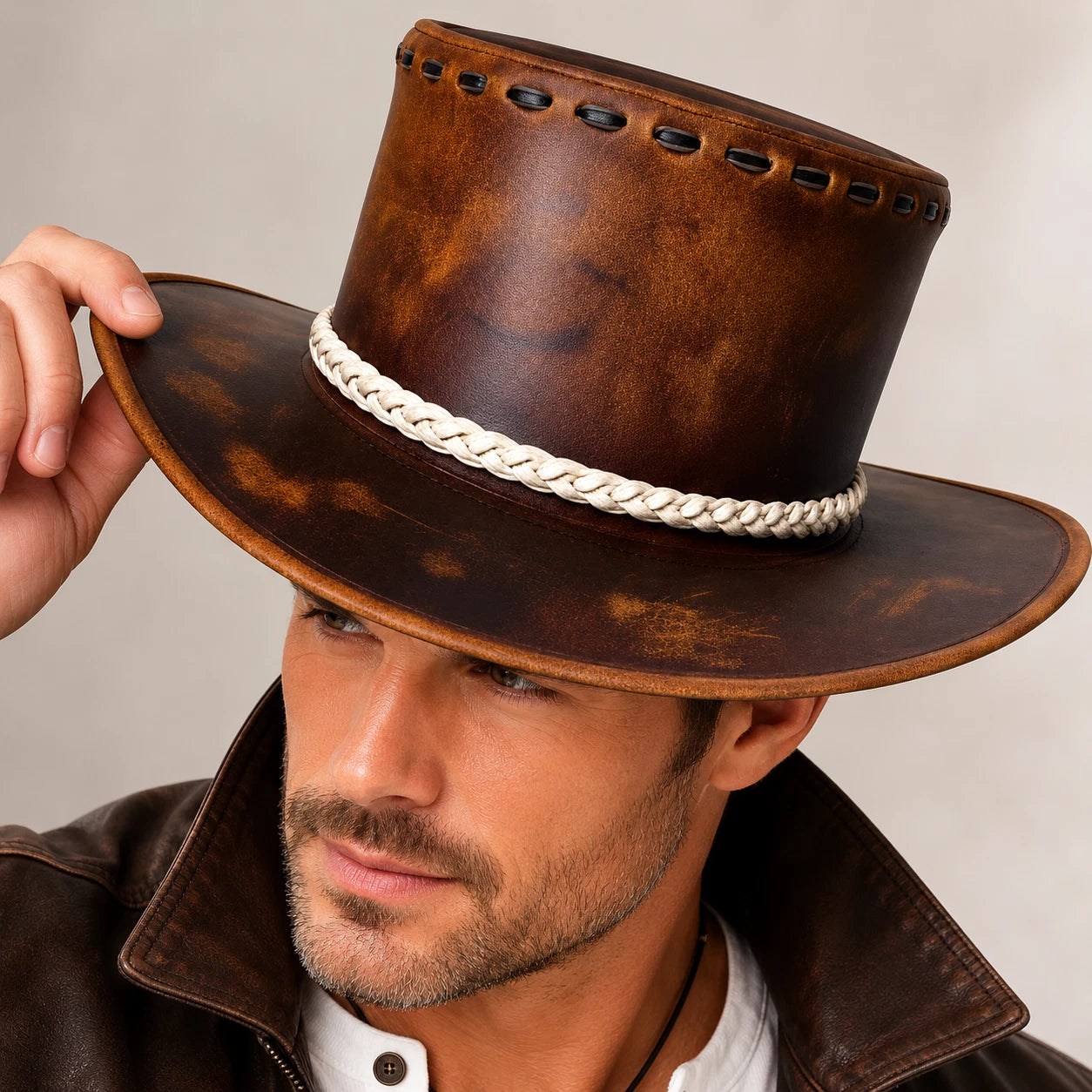 Handmade Genuine Leather Outback Cowboy Hat Brown Distressed Western Braided