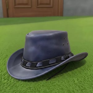 Handmade Dark Blue Leather Outback Hat Western Cowboy Style