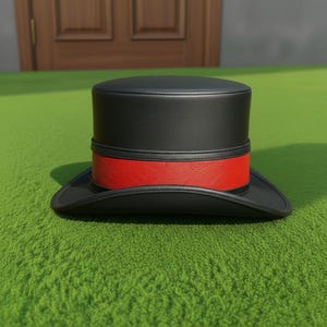 Handmade Black Leather Top Hat with Contrasting Red Band  Handcrafted Victorian Steampunk Hat