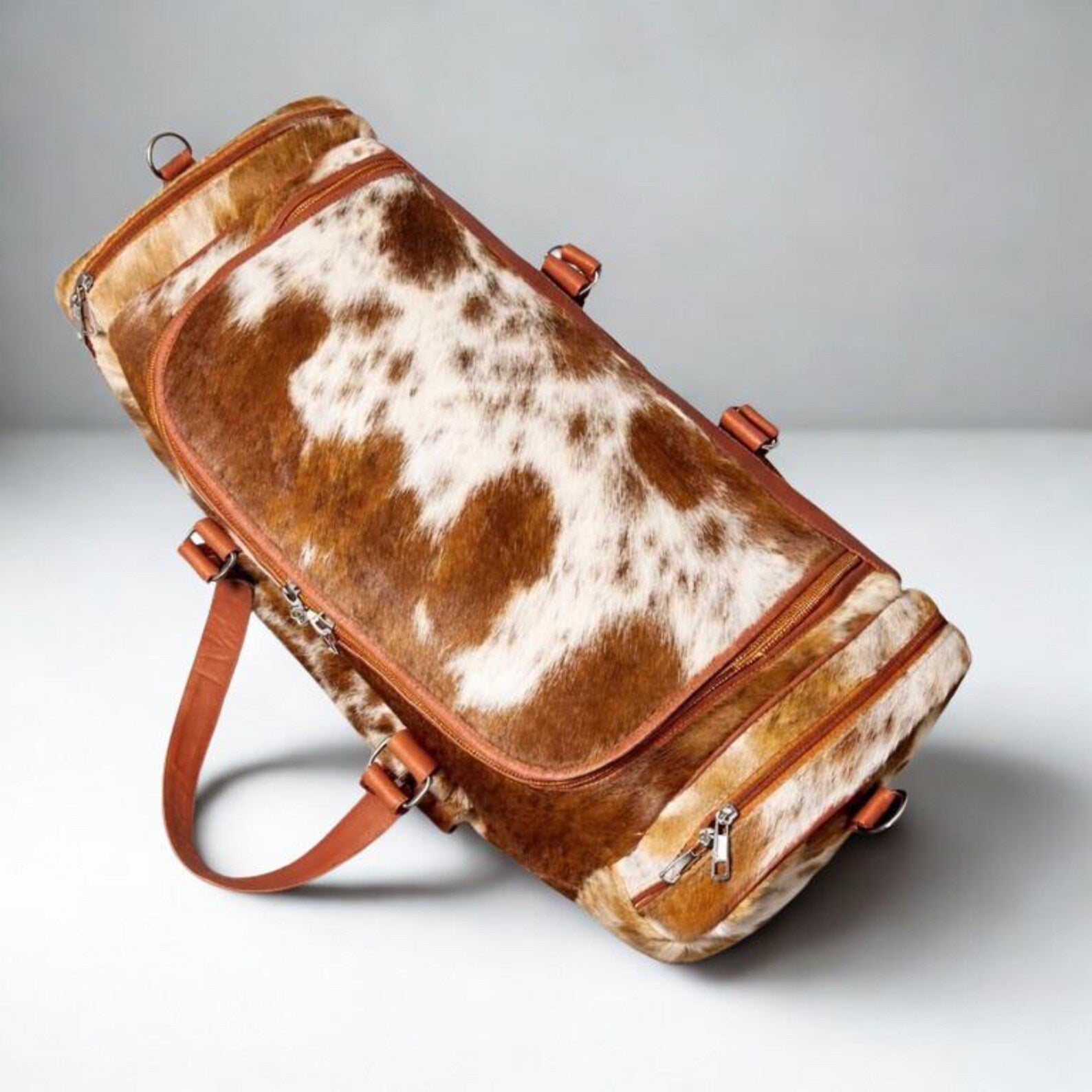 Tan  White Cowhide Duffel Bag  Genuine Leather Western Weekender 22
