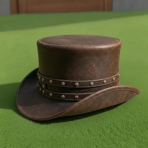 Handmade Top Hat Brown Leather Rivet Victorian Steampunk Gothic Cosplay Costume Hat