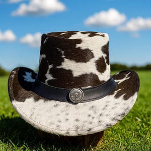 Handmade Unisex Cowhide Hair On Leather Top Hat  Western Band Festival Style