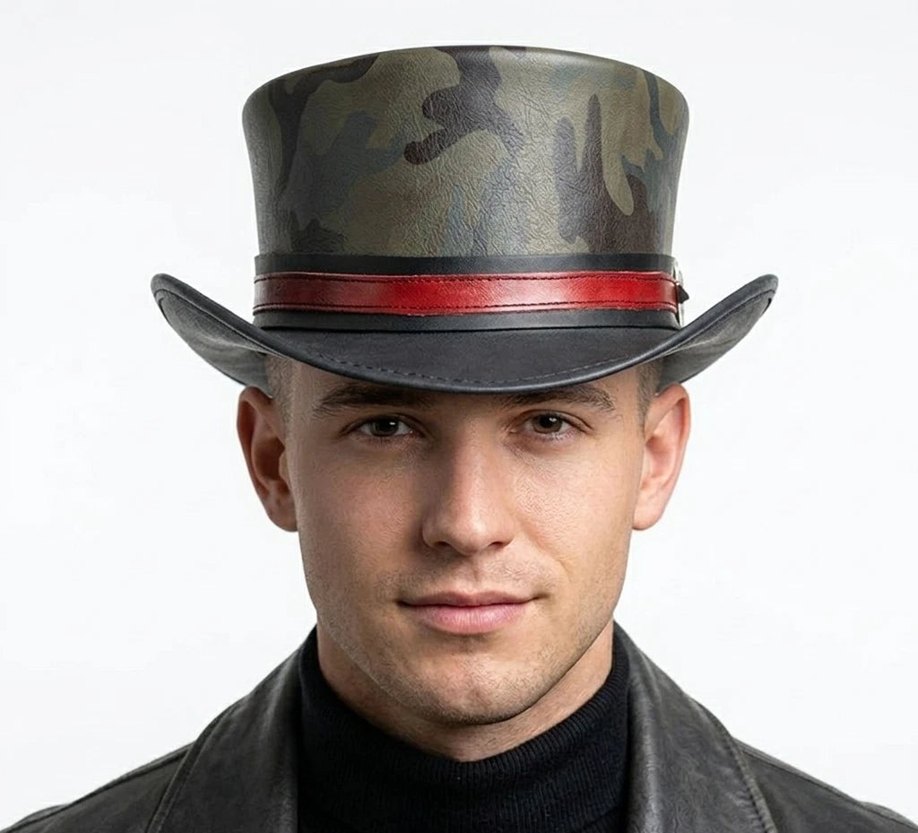 Handmade Genuine Leather Steampunk Top Hat Camo Red Band Gothic Victorian Hat