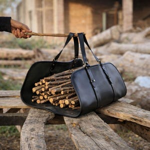 Handcrafted Leather Firewood Carrier  Rustic Farmhouse Log Tote