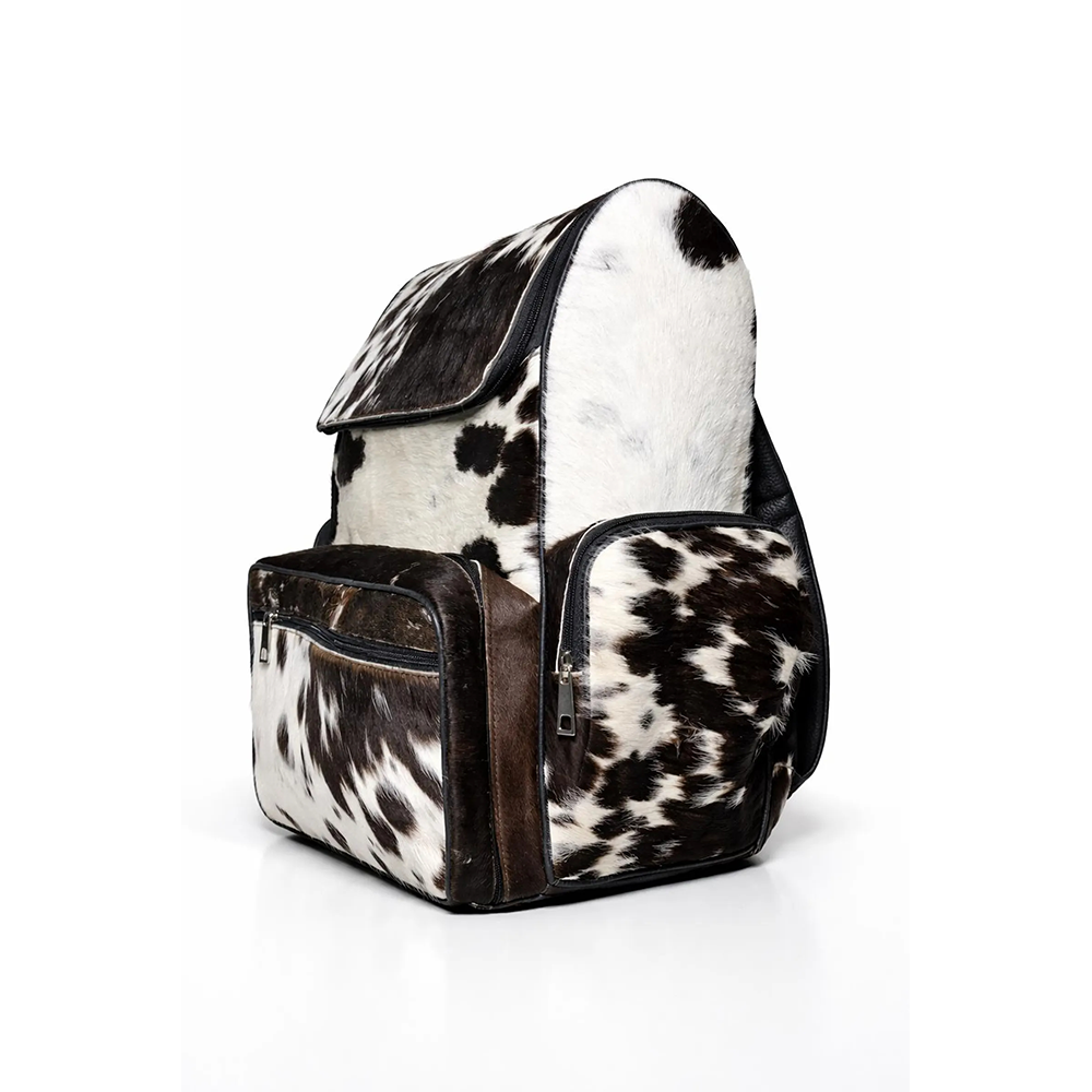 Handmade Genuine Cowhide Backpack  Black & White Spotted Leather Backpack  Large Western66
