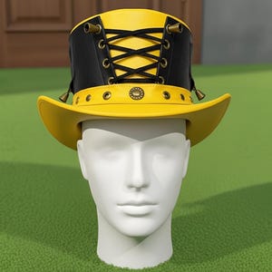 Handmade Yellow Leather Black Corset Top Hat Gothic Steampunk Style Hats