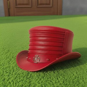 Handmade Unisex Red Leather Top Hat With Pleated Crown Steampunk Cosplay Hat