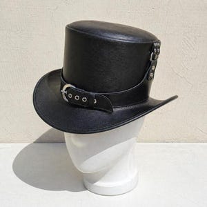 Handmade Black Leather Steampunk Top Hat Gothic Buckle Band Festival Cosplay Hat