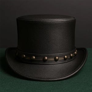 Handmade Black Leather Top Hat Steampunk with Studded Band Bold Western Gothic