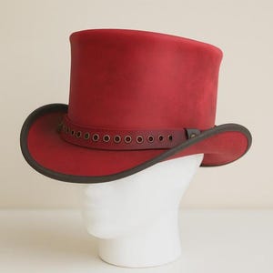 Handmade Red Leather Top Hat With Eyelet Band Gothic Steampunk Style