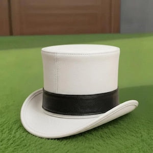 Handmade White Leather Top Hat with Black Band Victorian Wedding Steampunk Cosplay