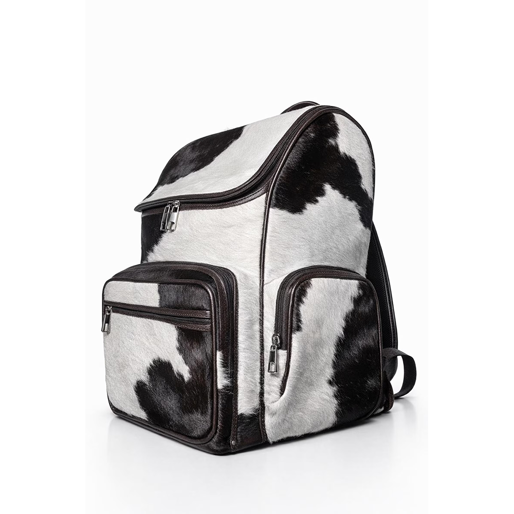 Handmade Genuine Cowhide Backpack  Brown & White Spotted Leather Backpack  Large Western Rucksack with Pockets