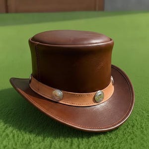 Handmade Brown Leather Top Hat Steampunk Western Hat with Concho Band