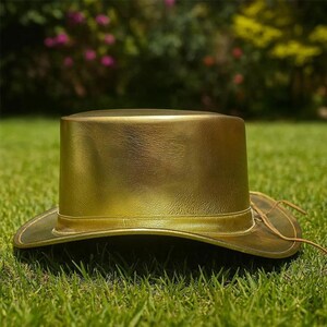 Handmade Gold Leather Top Hat With Metallic Steampunk Style For Festival Cosplay Fashion