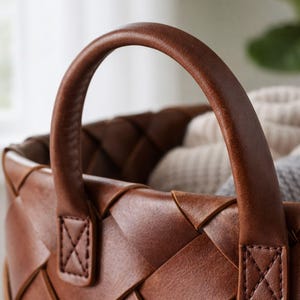 Handmade Brown Storage Leather Basket Firewood Vintage Woven