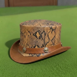 Handmade Snake Print Leather Top Hat Western Steampunk Reptile Pattern Festival Costume
