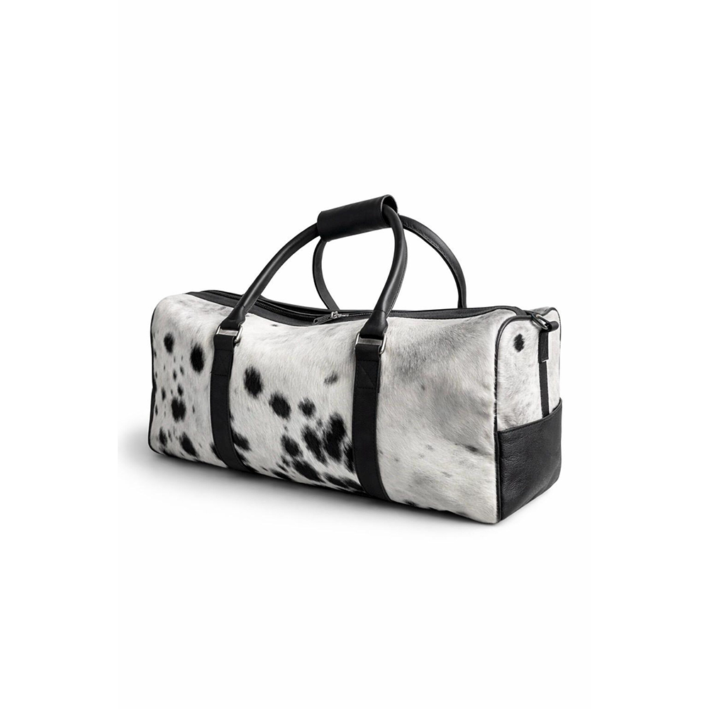 HairOn Cowhide Black and White Duffle Bag  Handmade Leather Weekender4