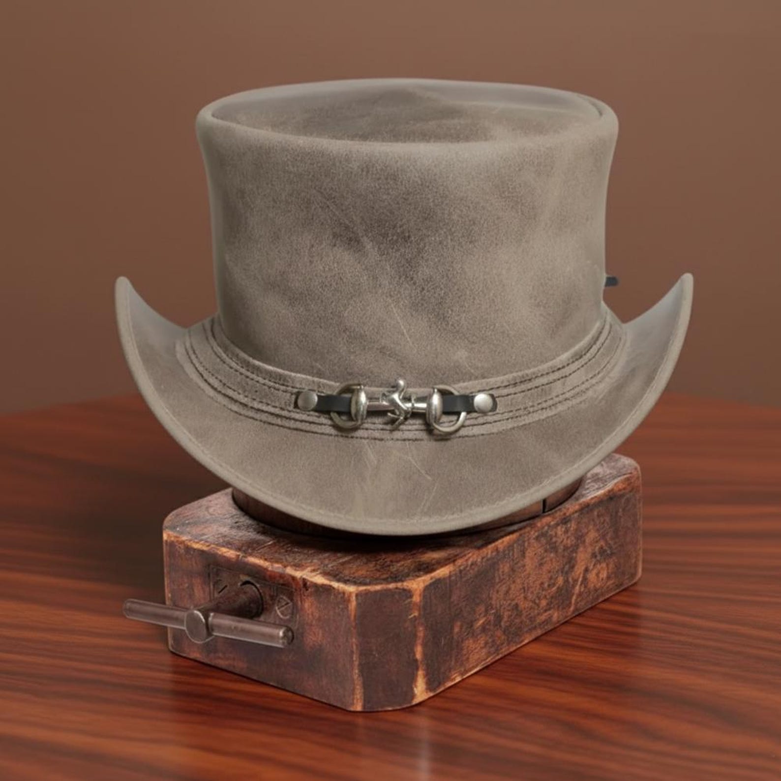 Handmade Distressed Brown Leather Top Hat Unique Steampunk Cowboy Westerns Style